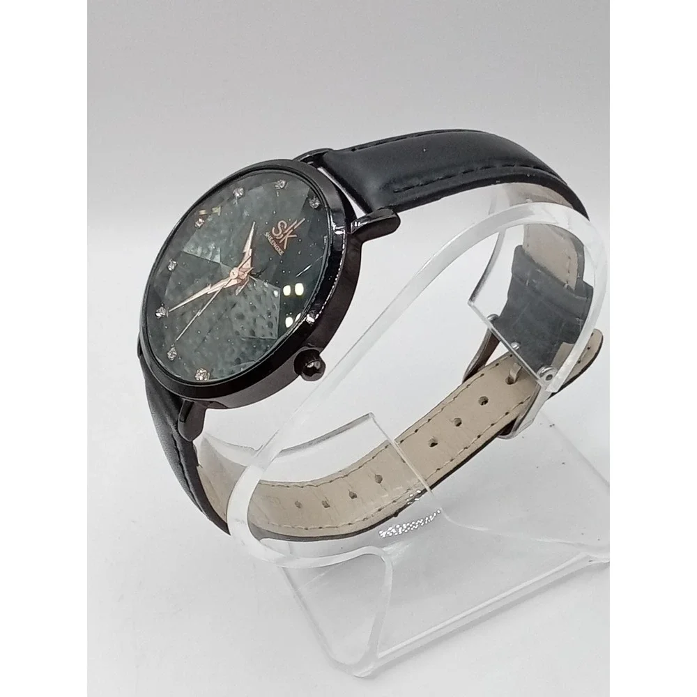 Shengke Women's Black Prism Crystal Leather‎ Band Quartz Watch- New Battery